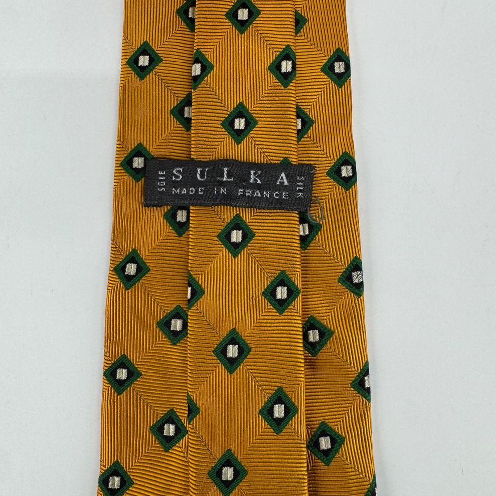 Sulka Silk Tie Mens Gold Green Geometric Diamond Pattern Made in France